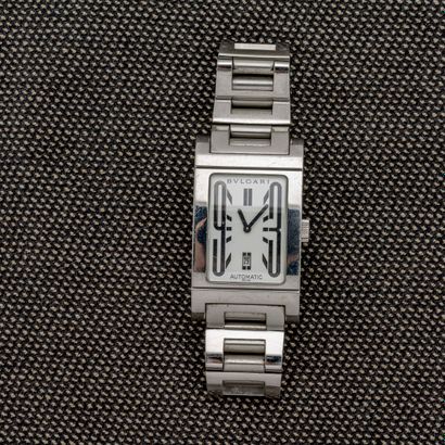 Bulgari - Rettangolo Steel bracelet watch with folding clasp. White enamel dial with...