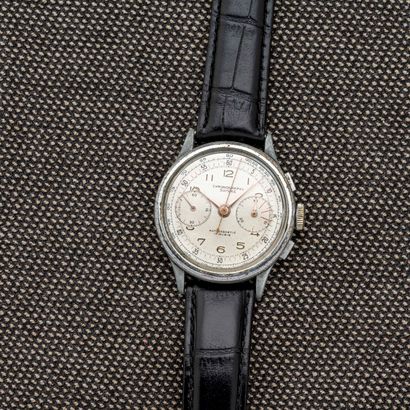 CHRONOGRAPHE SUISSE Steel chronograph wristwatch with clip-on back. Silver dial with...