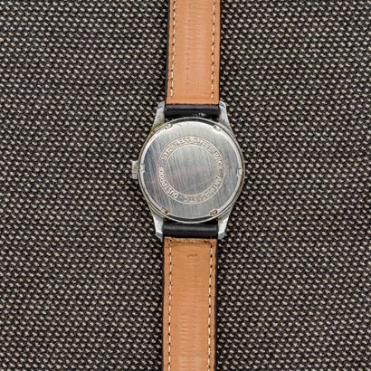 Precisa Steel bracelet watch with clip-on back. Silvered railroad dial, applied triangular...
