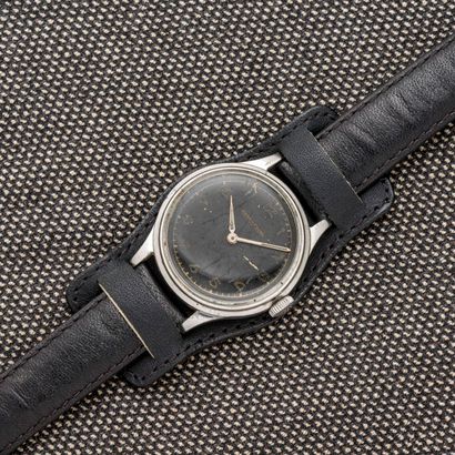 JAEGER LECOULTRE Steel wristwatch, black enamelled dial with railroad and Arabic...