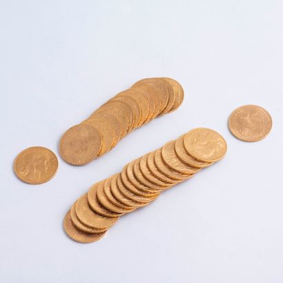 null 
Lot of 31 20 Franc gold coins: eighteen dated 1910 and thirteen dated 1911.

Weight...