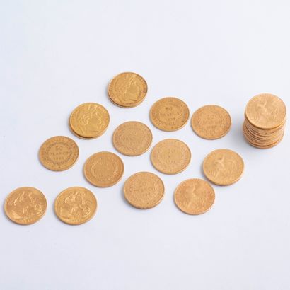 null 
Lot de 30 pièces de 20 Francs or :

une de 1848 ; deux de 1850 ; deux de 1851...