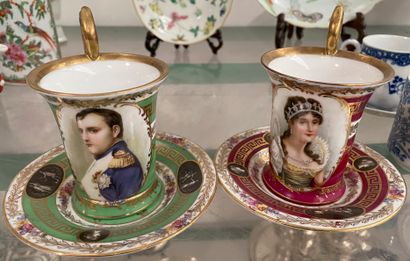null Set including two cups and their saucers in enamelled porcelain with the effigy...