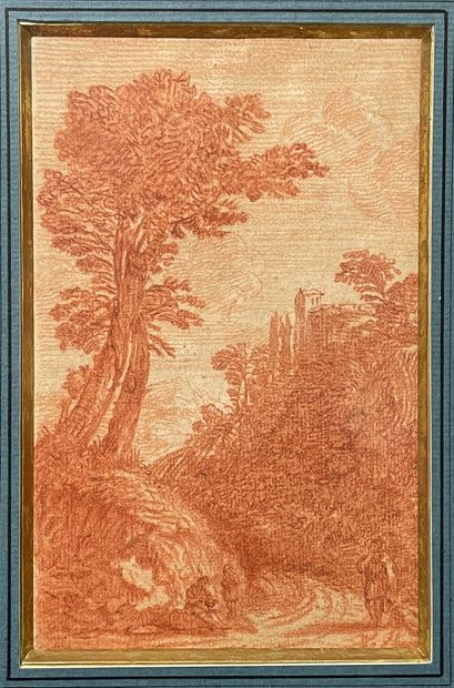 null Ecole flamande vers 1700,

Paysage animé 

Sanguine 

18 x 11,5 cm (à vue)