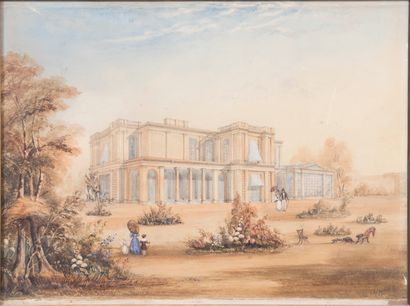 null Ecole Anglaise du XIXème, 

Demeure britannique et son jardin animé 

Aquarelle...