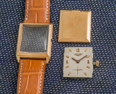 LONGINES 18K yellow gold (750 ‰) wristwatch, rectangular case with clipped back (signed...
