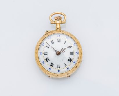 null 18K (750 ‰) yellow gold collar watch, the caseback with chased and applied scroll...