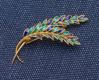 null Palm brooch in 18K yellow gold (750 ‰) with green and blue enamel enhancement.

Width...
