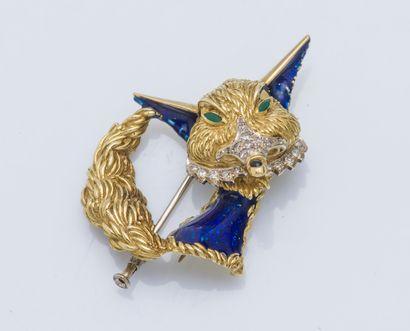 RINO FRASCAROLO 18K yellow gold (750 ‰) fox brooch the muzzle enhanced with diamonds,...