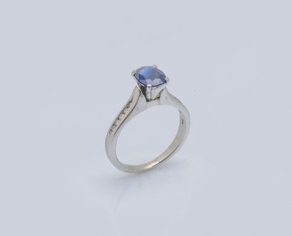 null 
Platinum ring (950 ‰) adorned with an oval-cut sapphire, shouldered with rail-set...
