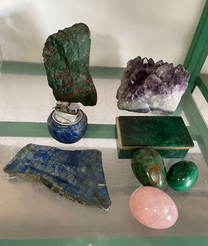 null Lot including three hard stone eggs, a green hard stone box, an amethyst quartz...