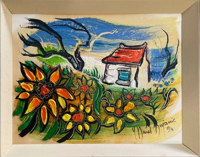 Isabelle DURET-DUJARIC, The house with sunflowers 

Mixed media on cardboard, signed...