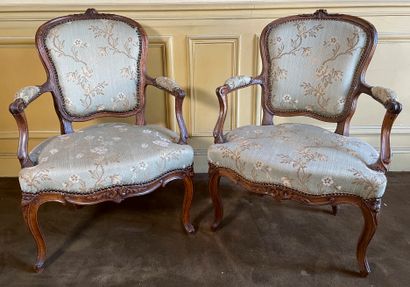 null Pair of armchairs in moulded and carved natural wood, armrests in whiplash....