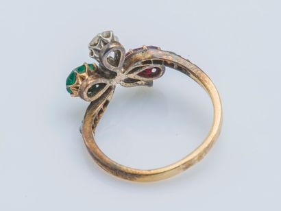  18K yellow gold (750 ‰) and silver (925 ‰) aigrette ring set with a pear-cut diamond,...