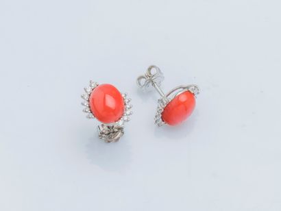  Pair of 18K (750 ‰) white gold earrings each set with a coral cabochon (corallium...