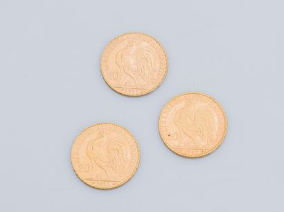  Lot de trois pièces de 20 Francs or Coq de Chaplain, 1907, 1911, et 1912. 
Poids...