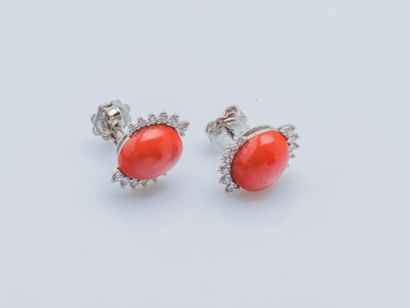 null Pair of 18K (750 ‰) white gold earrings each set with a coral cabochon (corallium...