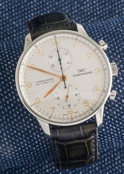 IWC, vers 2006 Chronograph model Portuguese with large opening in steel with silvered...