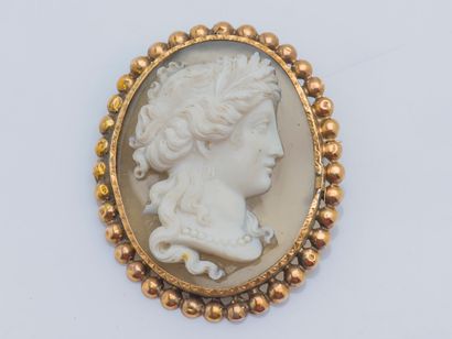  18K yellow gold (750 ‰) medallion brooch adorned with a cameo on agate depicting...