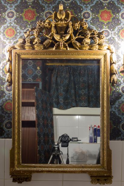  Miroir rectangulaire à fronton ajouré, en bois sculpté et doré, à décor de pampres...
