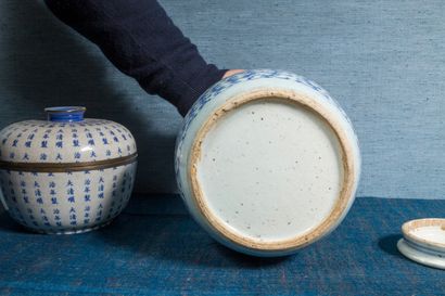 null Pot globulaire couvert, en porcelaine bleu-blanc, à décor tapissant de rinceaux...