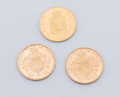 null Lot de deux pièces de 20 francs belges Union Latine, Léopold II datées de 1877...