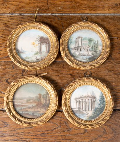  Suite de quatre miniatures rondes, trois figurant des vues de ruines et un paysage...