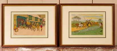 Harry Eliott (1882-1959) Les diligences 
Paire de pochoirs 
11 x 17 cm