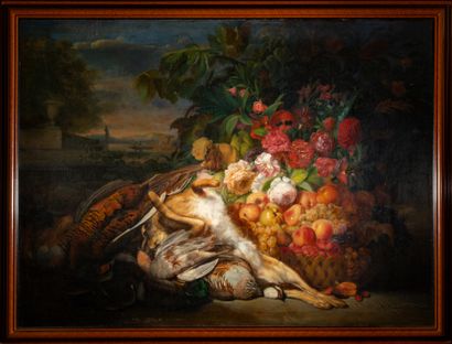 JEAN-LOUIS DULONG (1800-1868) Nature morte aux lièvres, faisans, coupe de fruits...