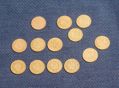  Lot de 13 pièces de 20 francs or dont 1 pièce Napoléon tête nue de l'an 13 ; 4 pièces...
