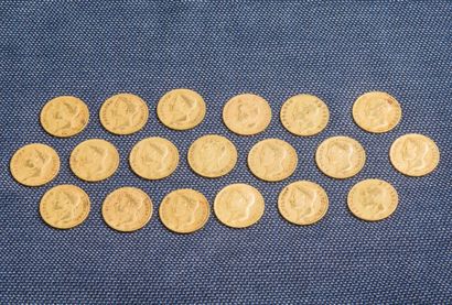  Lot de 19 pièces de 40 francs or dont 4 pièces Napoléon Tête nue de l'an 12, an...