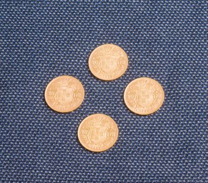 null Lot de 4 pièces de 20 francs Suisse de 1935 (3) et 1947.

Poids : 25,8 g