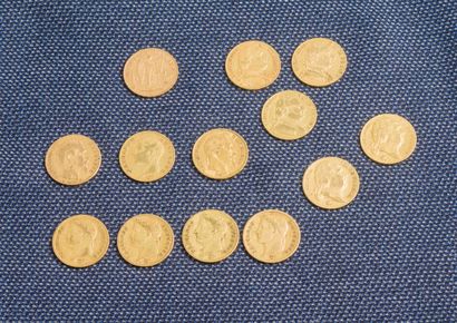  Lot de 13 pièces de 20 francs or dont 1 pièce Napoléon tête nue de l'an 13 ; 4 pièces...