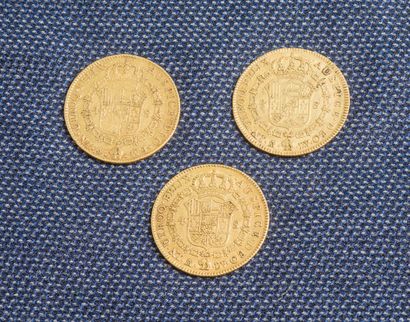  Lot de 3 pièces de 4 escudos or Charles III de 1777, 1786 et 1787. 
Poids : 39,5...