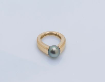 null 18K yellow gold (750 ‰) band ring holding a gray Tahitian pearl approximately...