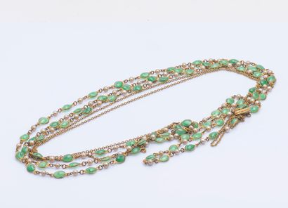 null Important necklace in gilded metal decorated with imitation pearls and green...