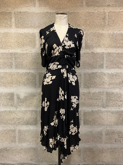 AZZARO Long viscose wrap dress with black and white floral decorations, belt closure...