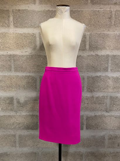 ESCADA - Grey virgin wool straight skirt, size 40 

- Leather skirt with purple stitching,...