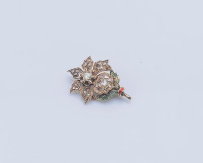 null 
14K yellow gold (585 ‰) rose-cut diamond brooch set with green and brown enamel...