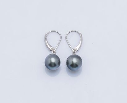 null Pair of silver sleepers (925 ‰) holding two pear-shaped Tahitian pearls.

Gross...
