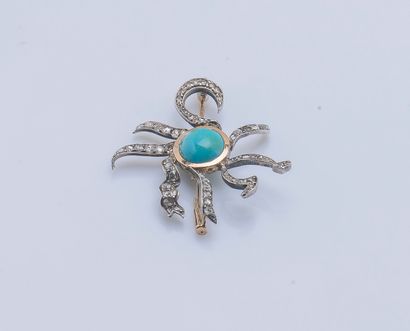 null Broche soleil en or jaune 18 carats (750 ‰) sertie d'un cabochon de turquoise...