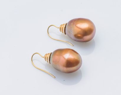 null Pair of gold-plated metal earrings each set with a drop cultured pearl tinted...