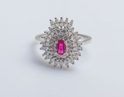 null Silver Pompadour ring (925 ‰) centered with a ruby (Verneuil) in a double surround...