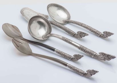INDOCHINE 
Set of 5 silver cutlery (800 thousandths) with decoration of Kbach including...