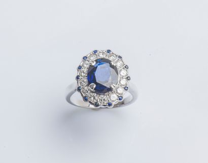 null 
Flower ring in 18K white gold (750 thousandths) set with an oval sapphire of...