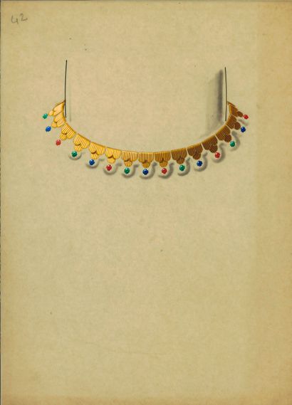 null Lot of 55 drawings of jewelry, gouaches on paper or tracing figuring brooches,...