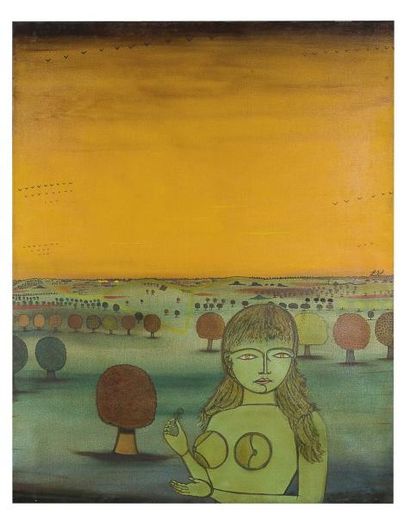 René BRÔ (1930-1986) Femme et la rose, 1978 Huile sur toile, titrée et datée au dos146...