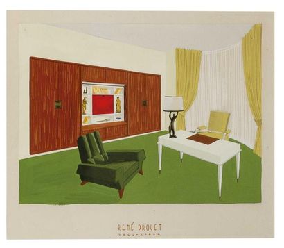 René DROUET (1899-1993) Intérieur au fauteuil vert Gouache sur papier, signé en bas33.5...