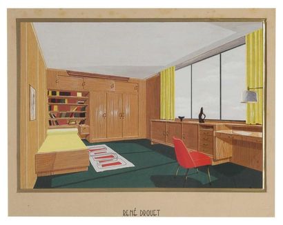 René DROUET (1899-1993) Intérieur à la chaise rouge Gouache sur papier, signé en...