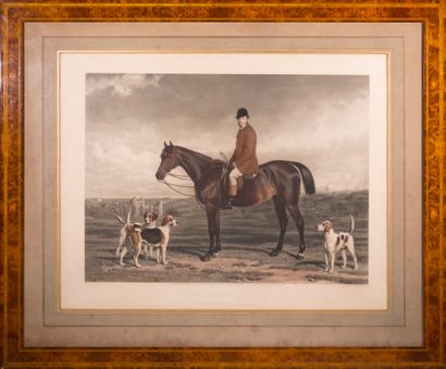null Two lithographs of English hunting in a wooden frame of burr veneer 

56 x 71...